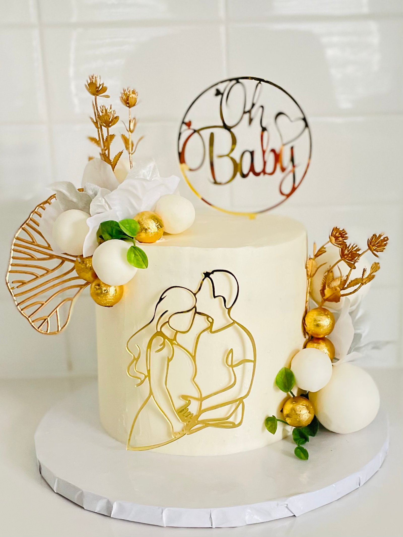 Oh Baby white and gold baby shower cake
